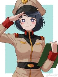 1girl akane_(akaneoekaki0928) aqua_background belt black_belt black_hair blue_eyes blush_stickers border breasts bright_pupils brown_hat brown_jacket clipboard closed_mouth commentary_request earth_federation gundam gundam_gquuuuuux hat highres holding holding_clipboard jacket large_breasts long_sleeves looking_at_viewer military_hat military_jacket military_uniform outside_border salute shiiko_sugai short_hair smile solo twitter_username upper_body white_border white_pupils