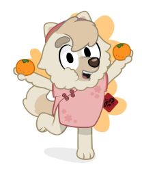 1girl 2025 artist_logo bluey china_dress chinese_clothes chinese_new_year dress food fruit holding holding_food holding_fruit judacris judo_(bluey) logo mandarin_orange open_mouth smile standing standing_on_one_leg white_background