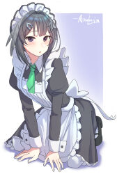 Rule 34 | 1girl, absurdres, alternate costume, apron, arknights, black dress, black hair, blush, chinese commentary, commentary, dress, enmaided, fingernails, frilled apron, frills, full body, green necktie, hair intakes, hair ornament, hairclip, highres, juliet sleeves, la pluma (arknights), long sleeves, looking at viewer, maid, maid apron, maid headdress, necktie, parted lips, puffy sleeves, purple eyes, quietmrcat, short hair, short necktie, solo, white apron