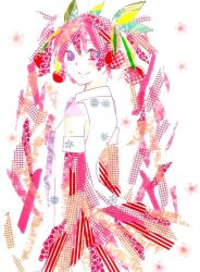 1girl abstract bare_shoulders breasts cherry_hair_ornament collared_shirt commentary cowboy_shot detached_sleeves food-themed_hair_ornament from_behind hair_between_eyes hair_ornament hatsune_miku light_blush long_hair looking_at_viewer looking_back masking_tape_(medium) miku_day mixed_media nemuri! pink_eyes pink_hair pink_skirt pink_sleeves pink_theme sakura_miku shirt sidelocks skirt sleeveless sleeveless_shirt small_breasts smile solo split_mouth traditional_media twintails unconventional_media very_long_hair vocaloid white_background white_shirt