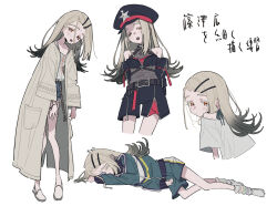 1girl absurdres belt black_shoes blush camisole colored_eyelashes commentary denim denim_shorts english_commentary exhausted flipped_hair full_burrrrrrst gakuen_idolmaster gradient_hair green_shorts grey_hair hat highres idolmaster jacket looking_at_viewer lying multicolored_hair multiple_views on_side orange_eyes peaked_cap robe rope_belt shinosawa_hiro shirt shoes short_shorts shorts simple_background skinny track_jacket translation_request white_background white_camisole white_robe white_shirt