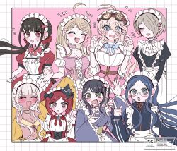 6+girls :d :o akamatsu_kaede alternate_costume antenna_hair arms_up black_dress black_hat blonde_hair blue_hair blush bow bowtie breasts brown_hair chabashira_tenko danganronpa_(series) danganronpa_v3:_killing_harmony dark-skinned_female dark_skin dress enmaided fortissimo goggles goggles_on_head hair_bow hair_ornament harukawa_maki hat highres iruma_miu large_breasts long_sleeves low_twintails maid maid_headdress mmr_0x mole mole_under_eye multiple_girls musical_note musical_note_hair_ornament navel_piercing official_alternate_costume open_mouth piercing pink_dress puffy_short_sleeves puffy_sleeves red_bow red_bowtie red_dress red_eyes red_hair shirogane_tsumugi short_sleeves smile tojo_kirumi twintails wide_sleeves witch_hat yonaga_angie yumeno_himiko