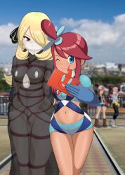 4girls ;) absurdres between_breasts black_coat black_eyes blue_eyes blue_gloves blue_jacket blue_shorts blurry blurry_background bound bound_arms bound_legs breasts brown_hair coat cropped_jacket cynthia_(pokemon) face_mask female_focus gen_4_pokemon gloves gluteal_fold gym_leader hair_ornament hair_over_one_eye hands_in_pockets highres hilda_(pokemon) holding holding_phone jacket long_hair mask medium_breasts midriff multiple_girls navel nintendo nkgw no_pants no_shirt one_eye_closed pasties phone pokemon pokemon_bw pokemon_bw2 pokemon_dppt pokemon_masters_ex red_hair red_rope rope rosa_(pokemon) rotom rotom_phone see-through_clothes selfie shibari short_hair_with_long_locks short_shorts shorts sidelocks skyla_(pokemon) smile standing stealth_bondage suspenders thigh_gap topknot very_long_hair wide_hips wink