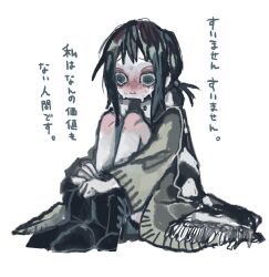 1girl bags_under_eyes bare_legs black_boots black_hair black_scarf blush boots cardigan colored_skin commentary full_body furrowed_brow grey_cardigan grey_skin highres hugging_own_legs kaga_ai low_ponytail mole mole_under_eye namekuji_(kagaai_love) nervous nervous_sweating own_hands_together ponytail raised_eyebrows ringed_eyes sayonara_zetsubou_sensei scarf short_ponytail sidelocks simple_background sitting solo sweat symbol-only_commentary translation_request two-tone_scarf wavy_eyes white_background white_scarf wide-eyed