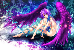 1girl bad_feet bad_id bad_pixiv_id barefoot bridal_gauntlets censored colored_eyelashes colorful convenient_censoring convenient_leg feathered_wings garter_belt oversized_wings leaf looking_at_viewer mitsukaze_makoto nail_(hardware) nail_polish nature nude original purple_hair purple_theme red_eyes short_hair smile toenail_polish toenails wings