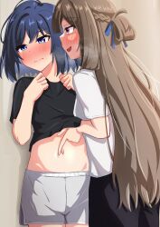 Rule 34 | 2girls, absurdres, black pants, black shirt, blue eyes, blue hair, blue ribbon, blush, braid, brown hair, closed mouth, clothes lift, commentary request, grey shorts, hair ribbon, half up braid, highres, long hair, medium hair, melonpan134, miyagi shiori, multiple girls, navel, open mouth, pants, purple eyes, ribbon, sendai hazuki, shirt, shirt lift, short sleeves, shorts, shuuniichido classmate wo kau hanashi, smile, white shirt, yuri