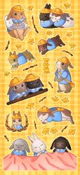 animal animal_focus baby_animal bag bird blue_shirt chick closed_eyes hat holding holding_animal honto_pic kindergarten_uniform lying no_humans orange_background original plaid_background rabbit school_hat shirt shoulder_bag sleeping yellow_background