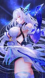 1girl bare_shoulders blue_dress blue_gloves blue_thighhighs breasts dress elbow_gloves genshin_impact gloves hair_ornament highres large_breasts long_hair looking_at_viewer open_mouth penguintake red_eyes revision short_dress skirk_(genshin_impact) solo thighhighs thighs white_hair