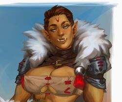 1girl aeltyj ahohako_(theladydanica) armor blue_eyes breasts brown_hair cleavage colored_skin face_piercing facial_mark female_orc forehead_mark green_skin highres nose_piercing nose_ring orc original pauldrons piercing pointy_ears portrait short_hair shoulder_armor solo tusks