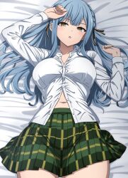 1girl bang_dream! bang_dream!_it&#039;s_mygo!!!!! black_ribbon blue_hair breasts commentary dress_shirt green_skirt hair_ribbon haneoka_school_uniform highres large_breasts long_hair long_sleeves looking_at_viewer lying midriff_peek navel noshimurin on_back open_mouth partially_unbuttoned plaid_clothes plaid_skirt pleated_skirt ribbon school_uniform shirt sidelocks skirt solo togawa_sakiko white_shirt yellow_eyes