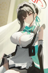 1girl absurdres black_gloves black_hair blue_archive bow bowtie breasts chinese_commentary commentary cosplay elbow_gloves fingerless_gloves gloves halo hat highres large_breasts long_hair looking_at_viewer maid_headdress mob_cap red_eyes ringed_eyes rio_(blue_archive) sitting smile solo szai thighhighs toki_(blue_archive) toki_(blue_archive)_(cosplay) white_thighhighs