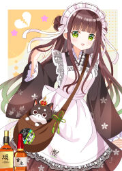 1girl :d absurdres alternate_species animal anko_(gochiusa) apron bag black_kimono blush bottle broken_heart brown_hair cat commentary_request crown frilled_sleeves frills gochuumon_wa_usagi_desu_ka? green_eyes hair_bun hand_up heart highres japanese_clothes kimono long_sleeves looking_at_viewer maid maid_apron maid_headdress mini_crown open_mouth ryoutan shoulder_bag smile star_(symbol) ujimatsu_chiya wa_maid white_apron wide_sleeves