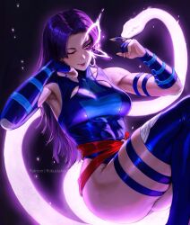 1girl abs ass bare_shoulders blue_leotard breasts elbow_gloves gloves highleg highleg_leotard highres large_breasts leotard long_hair marvel marvel_rivals one_eye_closed psylocke psylocke_(vengeance) purple_eyes purple_hair robusta_mania sash snake solo superhero_costume thighhighs x-men