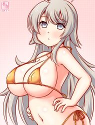 1girl ahoge bikini breasts covered_erect_nipples dated gold_bikini gradient_background grey_eyes grey_hair hands_on_own_hips highleg highleg_bikini kanon_(kurogane_knights) kantai_collection large_breasts long_hair navel one-hour_drawing_challenge pink_background side-tie_bikini_bottom solo swimsuit twitter_username washington_(kancolle)