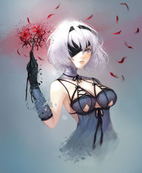 1girl 2b_(nier:automata) bandages black_gloves blindfold blue_eyes breasts cosplay dress female_focus flower gloves hairband highres kaine_(nier) kaine_(nier)_(cosplay) medium_breasts mole mole_under_mouth nier:automata nier_(series) parted_lips petals short_hair solo spider_lily upper_body white_hair wookyung