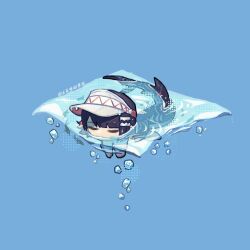 Rule 34 | 1girl, air bubble, black hair, blue background, bubble, chibi, colored inner hair, ellen joe, fins, fish tail, hair ornament, hat, multicolored hair, partially submerged, pink hair, shark girl, shark tail, simple background, solo, swimming, tail, tudouwei de guodong, visor cap, water, white hat, zenless zone zero
