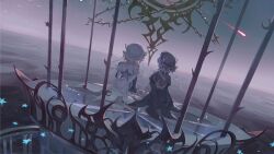 2girls absurdres arcaea beret black_cape black_hat blonde_hair cage cape commentary crescent_print english_commentary eto_(arcaea) frilled_wrist_cuffs frills from_behind hat highres in_cage long_sleeves luna_(arcaea) meteor multiple_girls official_art print_cape purple_hair reset short_hair_with_long_locks sitting sky star_(symbol) star_print white_cape white_hat white_wrist_cuffs wide_shot wrist_cuffs