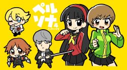 2girls 3boys :3 amagi_yukiko bkub_(style) black_hair black_pantyhose black_sailor_collar black_skirt blonde_hair blue_eyes brown_eyes brown_hair chibi closed_mouth commentary_request copyright_name dual_wielding green_jacket grey_eyes grey_hair grin hair_between_eyes hairband hanamura_yousuke highres holding holding_sword holding_weapon jacket korean_commentary kuma_(persona_4) kunai long_hair multiple_boys multiple_girls narukami_yu neckerchief nt_26 one_eye_closed open_mouth pantyhose parody persona persona_4 pleated_skirt red_hairband sailor_collar satonaka_chie school_uniform short_hair skirt smile sword weapon yasogami_school_uniform yellow_background yellow_neckerchief