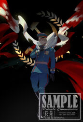 Rule 34 | 1boy, axis powers hetalia, belt, black boots, black gloves, blonde hair, blood, blood on clothes, blue hat, blue jacket, blue pants, boots, buttons, closed mouth, floating clothes, full body, gloves, hair between eyes, hammer and sickle, hand up, hat, highres, huacai, jacket, lips, long sleeves, looking at viewer, male focus, mandarin collar, medal, military hat, military jacket, military uniform, pants, red eyes, red flag, russia (hetalia), sample watermark, scarf, short hair, solo, standing, star ornament, watermark, weeds, white scarf, yellow belt