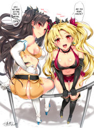 2017 2girls alternate_costume arm_support ass ass_cutout bare_shoulders belt black_footwear black_gloves black_hair black_neckwear black_ribbon blonde_hair blush boots breasts choker cleavage closed_mouth clothing_cutout collarbone crop_top crown dual_persona earrings elbow_gloves english_text ereshkigal_(fate) fate/grand_order fate_(series) female_focus fence from_above gloves hair_ribbon hand_on_own_hip happy hard-translated head_tilt high_heel_boots high_heels ishtar_(fate) jewelry knee_boots knees_together_feet_apart kojima_saya large_breasts leaning leaning_forward lips long_hair looking_at_viewer looking_back medium_breasts midriff multiple_girls navel open_mouth parted_bangs red_eyes red_ribbon red_shorts red_tank_top revealing_clothes ribbon round_teeth shiny_skin shoes short_shorts shorts siblings side-by-side side_slit sideboob signature sisters sitting skindentation smile speech_bubble standing stomach tank_top teeth thick_thighs thighs third-party_edit tohsaka_rin translated two_side_up type-moon v_arms wavy_hair white_background white_footwear white_gloves yellow_shorts