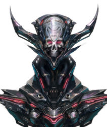 1other android armor commentary_request cyberpunk cyborg esuthio glowing glowing_eyes helmet horns industrial_pipe mechabare metal neon neon_trim original robot science_fiction simple_background skull solo teeth white_background writing