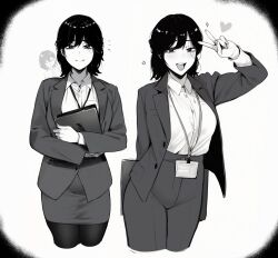 1girl absurdres blazer collared_shirt commentary english_commentary greyscale highres jacket lanyard looking_at_viewer masoq monochrome multiple_views office_lady open_clothes open_jacket open_mouth pantyhose pencil_skirt real_life shirt shirt_tucked_in shorts skirt smile v
