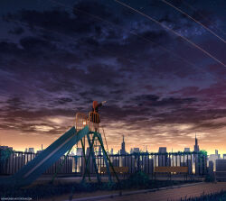 Rule 34 | 1girl, advarcher, arm at side, artist name, bench, black coat, building, city, cloud, coat, commentary, dusk, from behind, highres, long hair, low-tied long hair, meteor shower, orange hair, original, outdoors, outstretched arm, overgrown, park bench, playground, pointing, railing, scenery, shooting star, sky, skyline, skyscraper, slide, solo, standing, star (sky), three-quarter sleeves, watermark, web address, wide shot