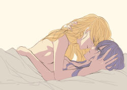 2girls aihara_mei aihara_yuzu bad_id bad_pixiv_id bed bed_sheet bedroom black_hair blonde_hair blush breasts citrus_(saburouta) closed_eyes completely_nude glidesloe green_eyes highres imminent_kiss indoors long_hair lying multiple_girls nude on_back on_bed open_mouth pillow siblings simple_background sisters step-siblings wife_and_wife yuri