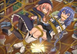2girls absurdres ahoge arms_behind_back ass bdsm black_pantyhose blue_eyes blue_hair bondage book book_stack bookshelf boots bound bound_ankles bound_legs bound_wrists braid braided_ponytail brown_hair highres knee_boots kneehighs library long_hair medium_hair multiple_girls mushoku_tensei panties panty_peek pantyhose pantyshot predicament_bondage princess_connect! purple_eyes rope_gag roxy_migurdia shibari shibari_over_clothes socks tied_up_(nonsexual) twin_braids underwear vakaosciosa white_panties yuni_(princess_connect!)