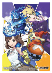 2girls blonde_hair blue_fire blue_jacket breasts brown_shorts button_eyes buttons card digimon digimon_(creature) digimon_card_game digimon_liberator dress drill_hair fire ghost ghostmon green_eyes group_picture holding holding_card holding_needle hood hooded_jacket jacket kinosaki_arisa large_breasts long_hair medium_hair multiple_girls needle official_art open_clothes open_jacket purple_background purple_dress purple_hair shirt shoemon shoes shorts simple_background tonami_kanji twin_drills violet_inboots white_shirt yellow_background
