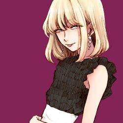 1boy arm_around_waist black_shirt blonde_hair blue_eyes commentary crossdressing earrings frilled_shirt frills jewelry looking_at_viewer medium_hair original purple_background seira_(yuki_touko) shirt sidelocks simple_background tongue tongue_out trap yuki_touko