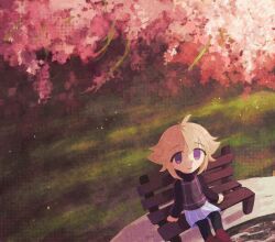 1girl ahoge black_pantyhose black_sweater blonde_hair brown_shoes cherry_blossoms closed_mouth deformed from_above grey_sweater_vest hair_flaps highres looking_at_viewer on_bench outdoors pantyhose purple_eyes renami shoes short_hair sidelocks sitting skirt smile solo sweater sweater_vest urotsuki white_skirt yume_2kki