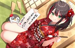 1girl :q absurdres ahoge black_hair calligraphy_brush center-flap_bangs checkered_sash commentary_request double-parted_bangs dutch_angle floral_print floral_print_kimono green_eyes hair_between_eyes hair_ornament hands_up highres hizuki_yui holding holding_calligraphy_brush holding_paintbrush indoors japanese_clothes kanzashi kimono looking_at_viewer medium_hair mole mole_under_eye neo-porte obi paintbrush print_kimono red_hair red_kimono sash seiza side_ponytail sitting smile solo sunamama4788 tatami three-quarter_sleeves tongue tongue_out translation_request tsumami_kanzashi virtual_youtuber