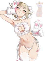1girl absurdres bare_shoulders blonde_hair blunt_bangs blush boku_no_hero_academia breasts cat_lingerie cleavage closed_mouth double_bun hair_bun highres large_breasts looking_at_viewer meme_attire messy_hair navel panties simple_background smile solo thighhighs toga_himiko underwear waligner white_background yellow_eyes