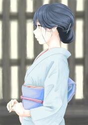 Rule 34 | 1girl, absurdres, alternate hairstyle, bbmasa, black hair, blue kimono, closed mouth, commentary request, from side, hair bun, hair ornament, hairpin, hibike! euphonium, highres, japanese clothes, kimono, liz to aoi tori, obi, profile, red eyes, sash, solo, upper body, yoroizuka mizore