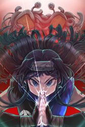 Rule 34 | 1girl, absurdres, arm guards, black hair, blue eyes, closed mouth, commentary, english commentary, floating hair, flying spaghetti monster, food, forehead protector, headband, highres, hold111, idolmaster, idolmaster million live!, idolmaster million live! theater days, light rays, long hair, looking at viewer, mogami shizuka, ninja, noodles, own hands together, serious, sleeveless