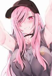 1girl absurdres alternate_costume armpits baseball_cap black_hair black_hat blush breasts collarbone commentary ear_piercing earrings english_commentary grey_shirt grin hair_over_one_eye hat highres hololive hololive_english jewelry kamiya_maneki large_breasts long_hair looking_at_viewer mori_calliope multicolored_hair official_alternate_hairstyle piercing pink_eyes pink_hair reaching reaching_towards_viewer shirt sidelocks simple_background smile streaked_hair sweat swept_bangs t-shirt virtual_youtuber white_background