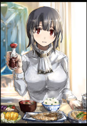 black_hair border breasts food food_focus highres kantai_collection long_sleeves meal medium_breasts red_eyes seitei_(04seitei) shirt short_hair sketch solo takao_(kancolle) upper_body white_shirt