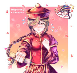 &gt;_&lt; 1boy 1girl absurdres black_hair blue_headwear blush bongun border bow braid braided_ponytail breasts bright_pupils brown_hair brown_shirt commentary_request cowboy_shot flying_sweatdrops hair_bow hat heart highres jacket jiangshi layered_sleeves long_hair long_sleeves looking_at_viewer medium_breasts munak nanaya_(shohei77) nose_blush open_mouth parted_lips qingdai_guanmao ragnarok_online red_bow red_eyes red_headwear red_jacket red_skirt shiny_skin shirt short_over_long_sleeves short_sleeves single_braid skirt solo_focus sparkle t_t talisman tanabata white_border white_pupils