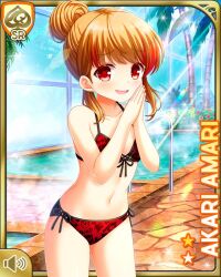 1girl amari_akari barefoot bathing beach bikini brown_hair card_(medium) character_name feet girlfriend_(kari) indoors nail_polish navel official_art open_mouth palm_tree pool poolside qp:flapper red_bikini red_eyes smile solo spa standing swimsuit tagme tree