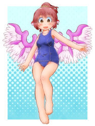 1girl alternate_costume alternate_hairstyle animal_ear_piercing barefoot blue_one-piece_swimsuit blush breasts commentary_request earrings hairstyle_request highres hoop_earrings jewelry looking_at_viewer matty_(zuwzi) mystia_lorelei old_school_swimsuit one-piece_swimsuit open_mouth school_swimsuit single_earring smile solo swimsuit toes touhou