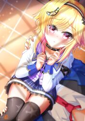 1boy 1girl :o absurdres black_bow black_choker black_hairband black_thighhighs blonde_hair blue_skirt blurry blurry_background blush bow carrying choker clenched_hands collarbone commentary_request crescent crescent_hair_ornament cross depth_of_field eyelashes eyes_visible_through_hair feet_out_of_frame frilled_skirt frills from_above gluteal_fold hair_ornament hairband hands_up highres kin-iro_loveriche light_particles long_sleeves looking_at_viewer lying medium_hair miniskirt necktie on_back open_mouth princess_carry print_thighhighs red_eyes red_necktie school_uniform shirt sidelocks signature single_hair_intake skirt sleeve_bow solo_focus souma_ria star_(symbol) star_hair_ornament star_print striped_clothes striped_skirt swept_bangs tamamo_(1_tamamo) thigh_gap thighhighs thighs tile_floor tiles vertical-striped_clothes vertical-striped_skirt white_shirt window_shadow zettai_ryouiki