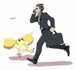 1boy bag batabiru black_footwear black_gloves black_hair black_pants black_suit blue_necktie collared_shirt dated formal_clothes full_body game_freak gen_4_pokemon gen_7_pokemon gloves grey_hair grey_shirt highres holding holding_bag holding_phone jacket larry_(pokemon) long_sleeves male_focus multicolored_hair necktie nintendo notice_lines oricorio oricorio_(pom-pom) pants partially_unbuttoned phone pokemon pokemon_(creature) pokemon_sv rotom rotom_phone running shirt short_hair streaked_hair suit suit_jacket sweat thick_eyebrows twitter_username two-tone_hair