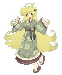ahoge apple bow brown_sandals floral_print floral_print_kimono food frilled_sleeves frills fruit full_body green_apple green_bow green_eyes green_hair green_kimono hair_ornament hands_up hashtag-only_commentary highres huge_ahoge japanese_clothes kimono long_hair looking_at_viewer macne_nana macne_series one_side_up open_mouth print_kimono sandals simple_background smile socks solo treebarkagain very_long_hair vocaloid white_background white_socks wide_sleeves