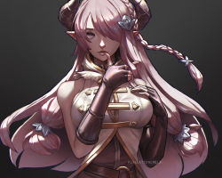1girl asymmetrical_gloves black_gloves blue_eyes braid breasts draph elbow_gloves gloves granblue_fantasy hair_ornament hair_over_one_eye highres horns large_breasts light_purple_hair long_hair low_tied_hair narmaya_(granblue_fantasy) pixelationer pointy_ears single_braid sleeveless solo uneven_gloves upper_body
