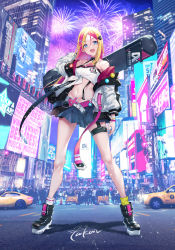 1girl :d ad aerial_fireworks ankle_socks armpits asymmetrical_legwear badge bare_shoulders belt black_collar black_shoes blonde_hair blue_eyes blue_skirt breasts building button_badge car carrying_over_shoulder city collar collarbone commentary_request crop_top crowd ear_piercing fang fireworks fukai_ryosuke full_body green_eyes groin hair_ornament highres indie_virtual_youtuber instrument_case jacket long_hair long_sleeves looking_at_viewer midriff miniskirt mismatched_legwear motor_vehicle multicolored_hair navel night off_shoulder official_art open_clothes open_jacket open_mouth parted_bangs piercing pink_hair pleated_skirt plectrum road shadow shirt shoes sidelocks signature skindentation skirt skyscraper small_breasts smile socks solo standing street sugarock thigh_strap tied_shirt two-tone_hair virtual_youtuber white_jacket white_shirt white_shoes wristband x_hair_ornament yellow_shoes