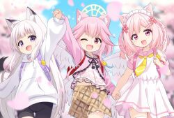 3girls angel_wings animal_ear_fluff animal_ears arms_up backpack bag bike_shorts black_shorts brown_shorts cat_ears cat_girl cherry_blossoms child commission crime_prevention_buzzer dress fang feathered_wings fox_ears fox_girl fox_tail groin halo highres holding_hands hood hoodie long_hair looking_at_viewer maid_headdress mogura2009 multiple_girls navel one_eye_closed open_mouth original outdoors petals pink_dress pink_eyes pink_hair pink_shirt plaid_clothes plaid_shorts purple_eyes randoseru shirt short_hair short_sleeves shorts skeb_commission smile tail thighhighs thighs two_side_up very_long_hair white_hair white_hoodie white_shirt white_thighhighs white_wings wings