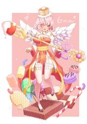 1girl absurdres arch_bishop_(ragnarok_online) black_shoes blush breasts c8oyk candy candy_cane checkerboard_cookie chocolate chupa_chups cleavage cleavage_cutout clothing_cutout commentary_request cookie cross dress fishnet_thighhighs fishnets food food_on_head fork frilled_thighhighs frills fruit full_body garter_straps groin highres holding holding_fork jelly_bean juliet_sleeves large_breasts lollipop long_sleeves looking_at_viewer macaron maple_syrup no_panties object_on_head one_eye_closed open_mouth oversized_object pancake pancake_stack pink_background pink_hair plate_on_head puffy_sleeves ragnarok_online red_dress red_eyes sash shoes short_hair smile solo strawberry thighhighs two-tone_background two-tone_dress white_dress white_thighhighs yellow_sash