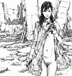 Rule 34 | 1girl, artist request, breasts, clothes lift, dress, dress lift, monochrome, monster girl, standing, zombie