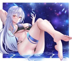 1girl absurdres barefoot bikini black_bikini breasts commentary english_commentary feet genshin_impact highres hollow_mimikyu knees_together_feet_apart large_breasts legs long_hair looking_at_viewer nail_polish red_eyes skirk_(genshin_impact) soles solo swimsuit thigh_strap toenail_polish toenails toes twitter_username white_hair